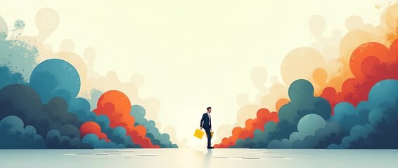 Businessman walking confidently with a briefcase through a colorful abstract landscape; slow pan camera follows, clouds gently sway; cinematic style, perfect for innovation themes.