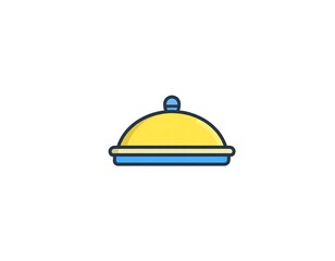 Obraz premium A cartoon image showcasing a covered dish, likely for serving food. The vessel has a dome-shaped lid, in yellow, blue and dark outline