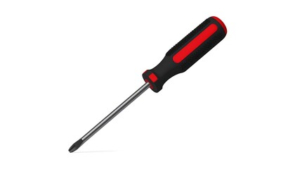 Fototapeta premium A close-up, isolated image showcasing a screwdriver, its shaft angled diagonally. Handle is black and red