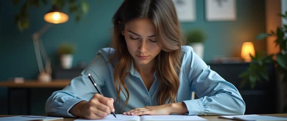 Focused woman writing in a serene home office, ambient lighting gently flickers, camera slowly pans to capture thoughtful expressions, cinematic style, perfect for educational and lifestyle content.