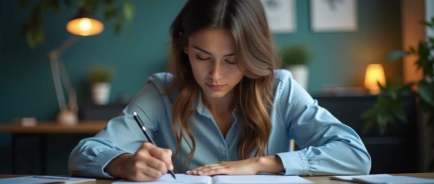 Focused woman writing in a serene home office, ambient lighting gently flickers, camera slowly pans to capture thoughtful expressions, cinematic style, perfect for educational and lifestyle content.
