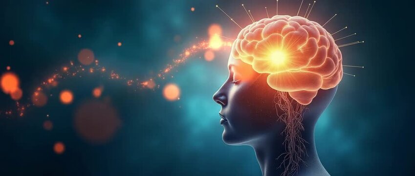 Cinematic scene of a serene profile view with a glowing brain as neurons gently pulse; camera slowly pans across a vibrant digital landscape, highlighting neural connections and cognitive wonder.