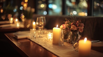 Cozy and Romantic Dinner Table Setting with Flickering Candles and Elegant Floral Arrangements in a Warm Ambience