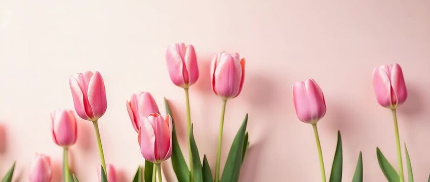 Gentle breeze sways pink tulips as the camera slowly pans across a serene, pastel background, capturing the essence of springtime beauty in a cinematic and elegant style. - Powered by Adobe