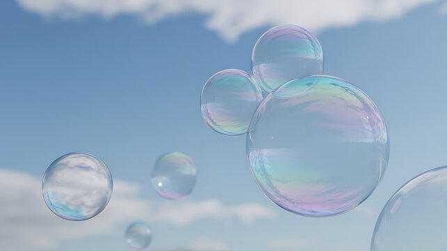 Iridescent soap bubbles floating serenely against a bright blue sky with soft white clouds