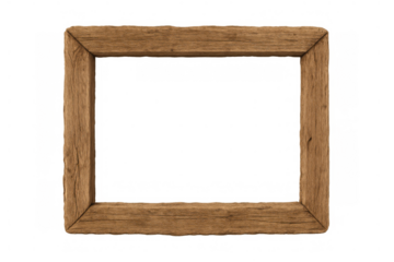 Empty rustic wooden rectangle frame isolated on transparent background providing space for text or image