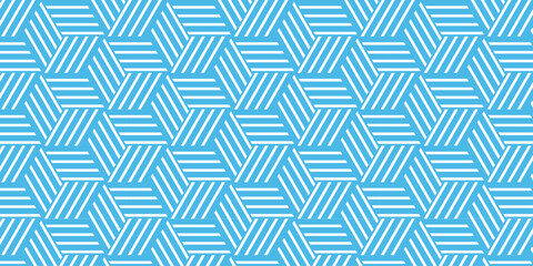 Seamless pattern blue stripes line creative web hexagon type grid square repeat overlap triangle textile background.	