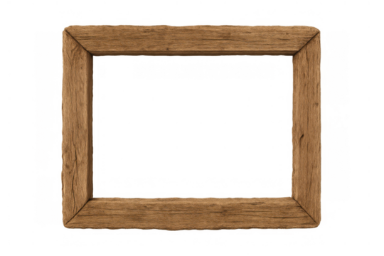 Empty rustic wooden rectangle frame isolated on transparent background providing space for text or image