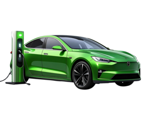 A modern green electric sedan parked beside a slim smart charging dock with cable att