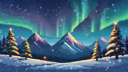 A pixel art winter landscape at night with snow-covered mountains, illuminated Christmas trees, and a vibrant aurora borealis. - Powered by Adobe