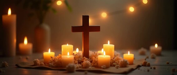 Cinematic close-up of flickering candlelight illuminating a wooden cross on a serene altar; slow pan reveals soft bokeh lights and gentle shadows for a tranquil spiritual ambiance. - Powered by Adobe