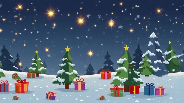 A festive pixel art winter wonderland scene at night with snow-covered trees, sparkling stars, and colorful Christmas presents scattered on the ground.