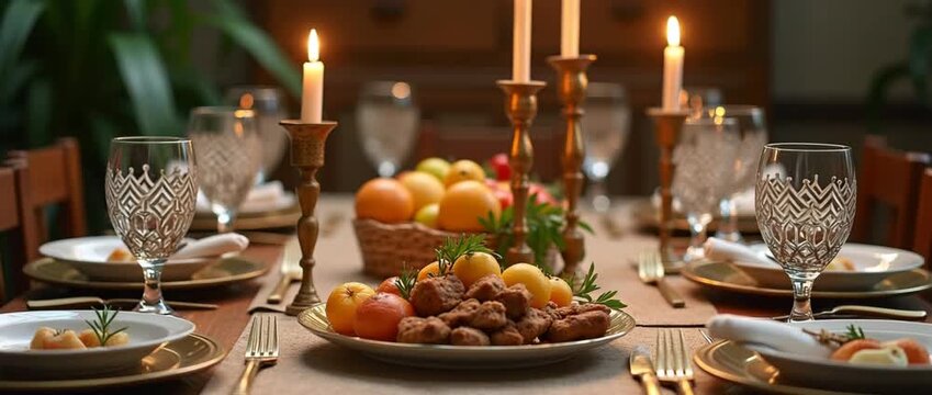 Elegant dining table setting with flickering candlelight, featuring a slow pan across decorative glassware and a sumptuous dinner spread, in a cinematic and inviting ambiance.