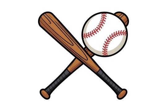 A baseball and two crossed wooden baseball bats on a white background with the ball slightly off-center