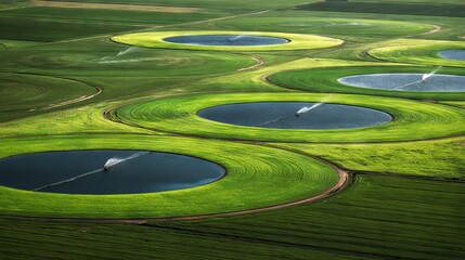 Aerial view of circular fields with water bodies, irrigation systems, and lush green agriculture