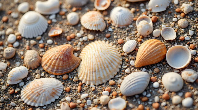 Colorful Seashells on Sandy Beach Natural Ocean Scene Coastal Decoration