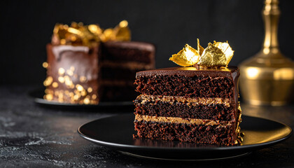 Chocolate Cake Slice with Gold Leaf