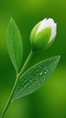 Close Up Macro Shot of an Unopened White Flower Bud Covered in Tiny Water Droplets Against a Soft Green Blurred Background Bathed in Natural Light