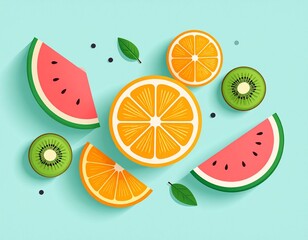 A flat lay illustration of fresh summer fruit slices, including orange, watermelon, and kiwi, on a pastel blue background.