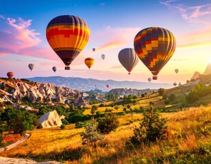 Colorful hot air balloons floating over a scenic landscape with rock formations and golden fields at sunset.