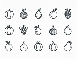 A collection of 15 simple black outline icons depicting various fruits and vegetables like pumpkins, apples, pears, grapes, and raspberries on a white background.