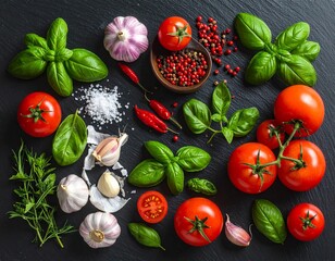 A vibrant arrangement of fresh tomatoes, basil, garlic, peppercorns, and other ingredients, perfect for cooking.