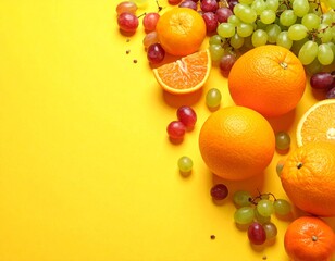 Vibrant assortment of fresh oranges and grapes on a bright yellow background.