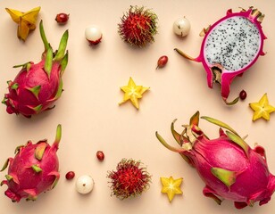 Vibrant flat lay of assorted exotic tropical fruits including dragon fruit, rambutan, lychee, and star fruit on a pastel background.