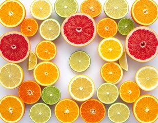 A vibrant assortment of citrus fruits, sliced and arranged on a white surface.