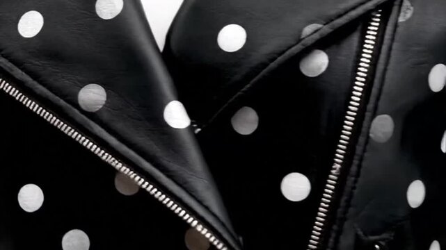 Polkadotted leather jacket zippers gleam