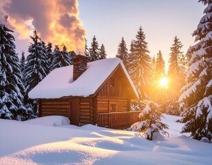 Rustic log cabin in a snow-covered pine forest illuminated by the warm glow of a winter sunrise.