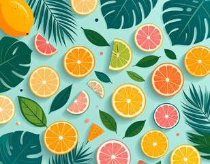 Vibrant illustration of various citrus fruits, including oranges, grapefruits, and lemons, with tropical leaves.