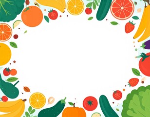 Colorful frame of fruits and vegetables with a white center.