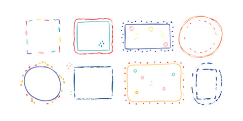 Collection of colorful handdrawn frames and borders set of doodle style vector elements for design cute decorative frames