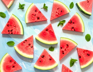 A vibrant overhead view of freshly cut watermelon slices scattered across a blue and white marbled background, garnished with fresh mint leaves.