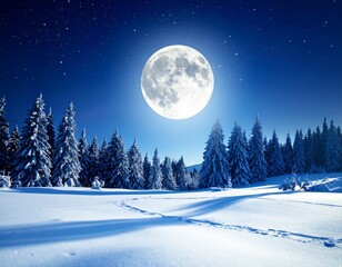 A bright full moon illuminates a serene, snow-covered forest under a starry night sky with footprints in the snow.