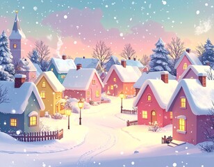 A picturesque winter village scene with snow-covered houses, a church, and falling snowflakes.