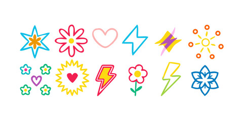 Collection of vibrant doodle icons, featuring stars, flowers, hearts, and lightning bolts, ideal for adding a whimsical touch
