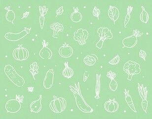A light green background with white line drawings of various vegetables and leafy greens.