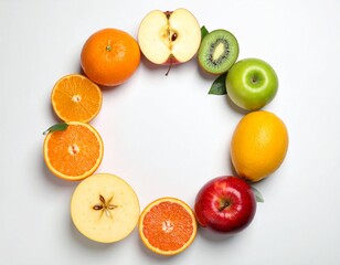 Flat lay of a colorful circular frame made from fresh whole and sliced fruits on a white background.