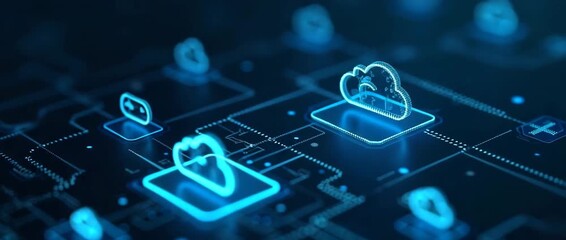 Futuristic digital cloud computing network with glowing icons interconnected; camera slowly pans across a cinematic virtual landscape, highlighting dynamic data flow and innovation. - Powered by Adobe