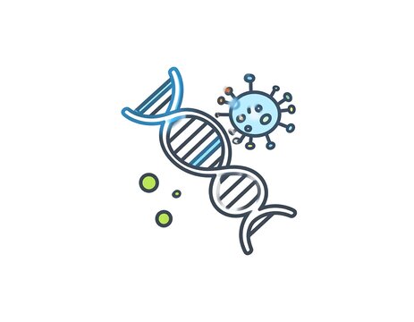 A depiction of a double helix DNA strand next to a spherical virus illustration, with small green particles