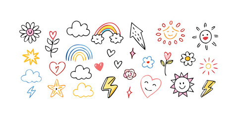 A whimsical collection of handdrawn doodles, featuring stars, hearts, flowers, clouds, rainbows, suns, and lightning bolts in a playful style