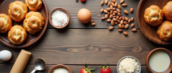 Rustic kitchen scene with fresh pastries and ingredients gently swaying, camera slowly panning to reveal a warm, inviting culinary setup, perfect for cooking tutorials or food blogs.