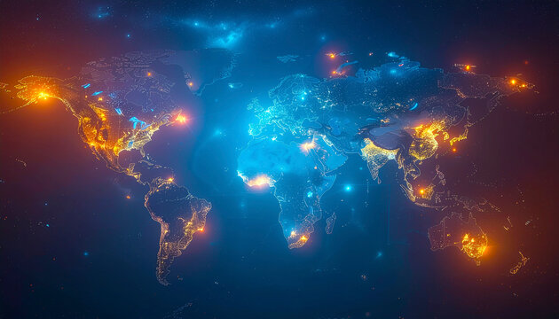 A vibrant blue light illuminates the night global Digital Network Map Showcasing Worldwide Business and Technology Connectivity