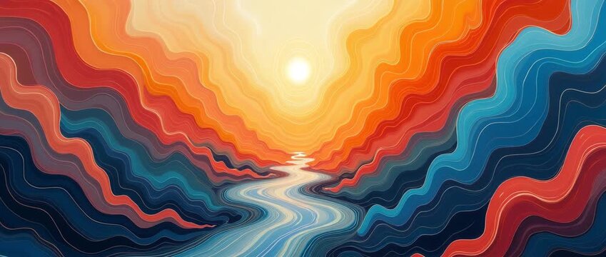 Abstract river flows through vibrant sunset landscape, with gentle ambient motion of colors shifting and camera slowly panning across the scene, creating a serene, cinematic experience.