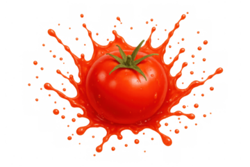 Ripe red tomato splashing into fresh juice, creating an explosion of healthy liquid with transparent background