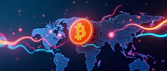 Bitcoin icon glows and rotates over a digital world map, with neon lines pulsating across continents; camera slowly pans for a dynamic, cinematic cryptocurrency visualization. - Powered by Adobe