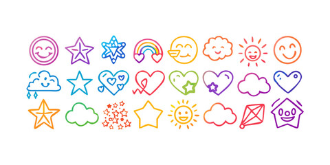 Collection of colorful doodle icons, including smiling faces, stars, hearts, rainbows, clouds, suns, and a kite, all drawn in a playful, handdrawn style