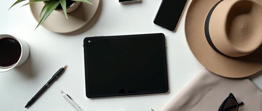 Elegant workspace flat lay with tablet, stylish accessories, and gentle ambient motion; camera slowly pans to reveal modern minimalist design in cinematic style.